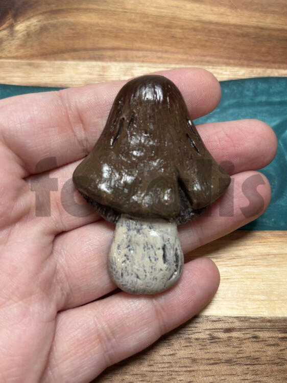 A photo of a sculpted and cast mushroom painted to look like a straw mushroom.